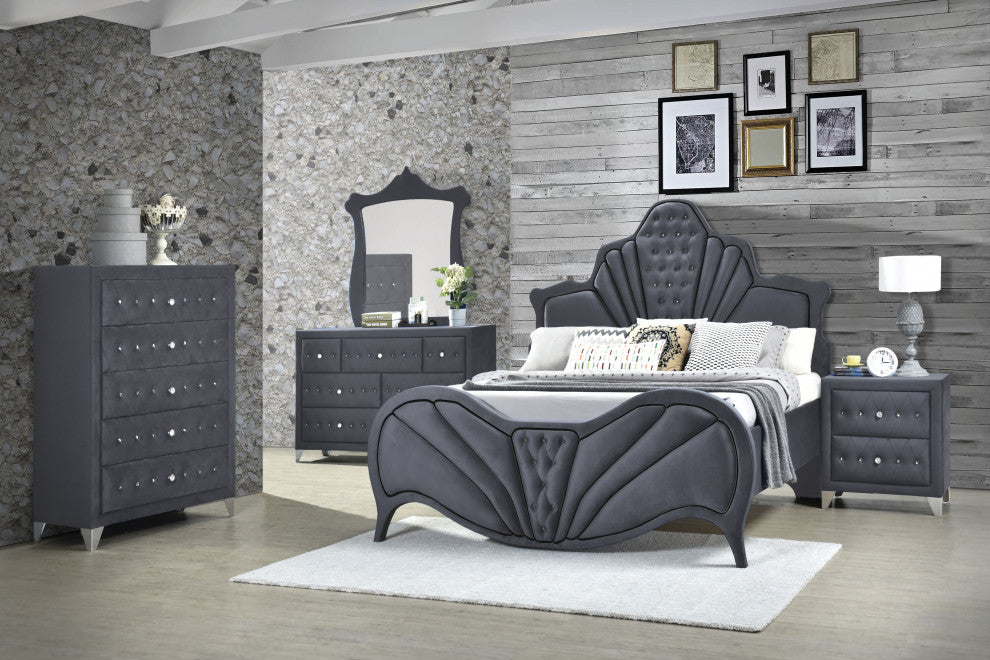 Manchester York Style Headboard Platform Bed, Gray Velvet, King