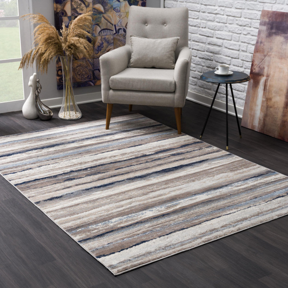 8"x11" Blue and Beige Distressed Stripes Area Rug