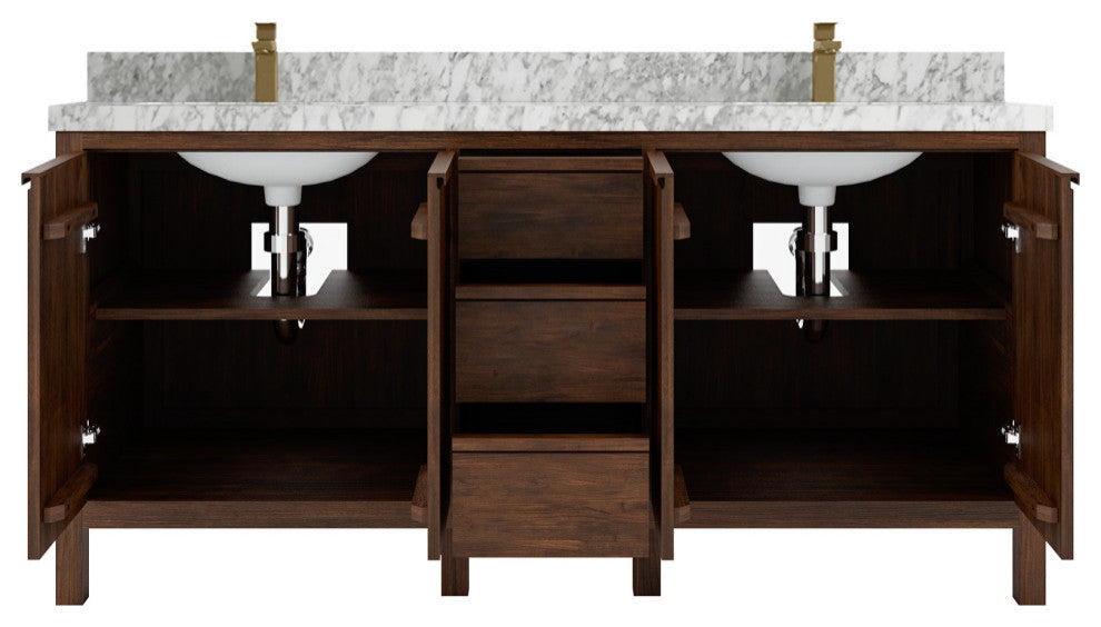 Elizabeth 72 Double Sink Bath Vanity in Dark Walnut Teak 2" Carrara Marble