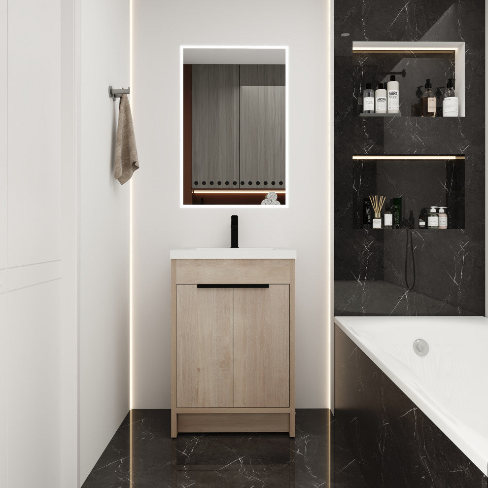 24 Inch Plywood Freestanding Bathroom Vanity With White Resin Sink and Doors