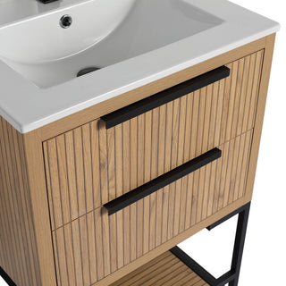 Kingsford Grooved-Look Bath Vanity, Bright Oak, White Ceramic Sink, 24", Drawers