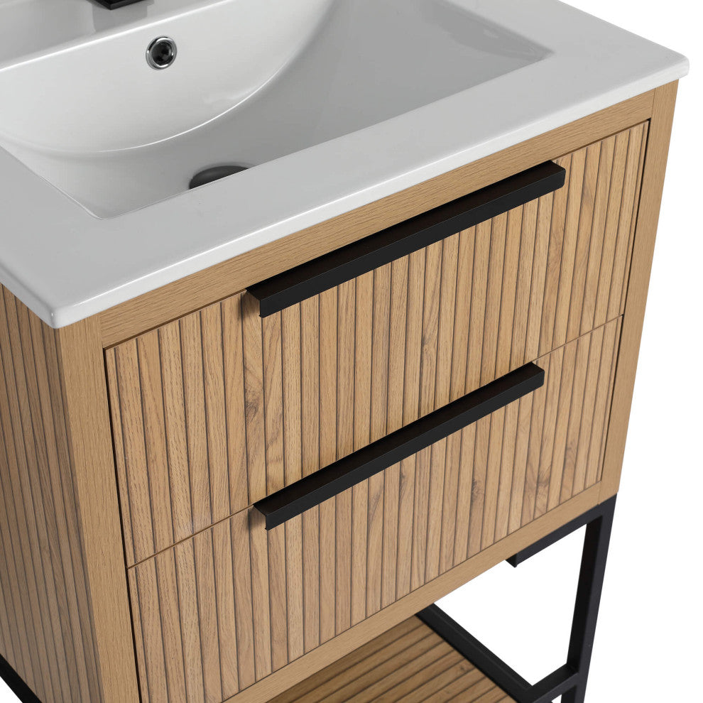 Kingsford Grooved-Look Bath Vanity, Bright Oak, White Ceramic Sink, 24", Drawers
