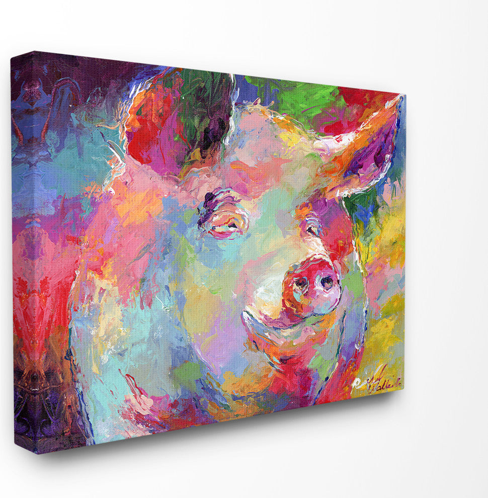 Brightly Colored Rainbow Painted Smiling Pig Portrait Stretched Canvas, 30"x40"