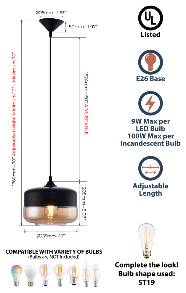 Lazzur Acolin 1 Light 10" Matte Black Pendant