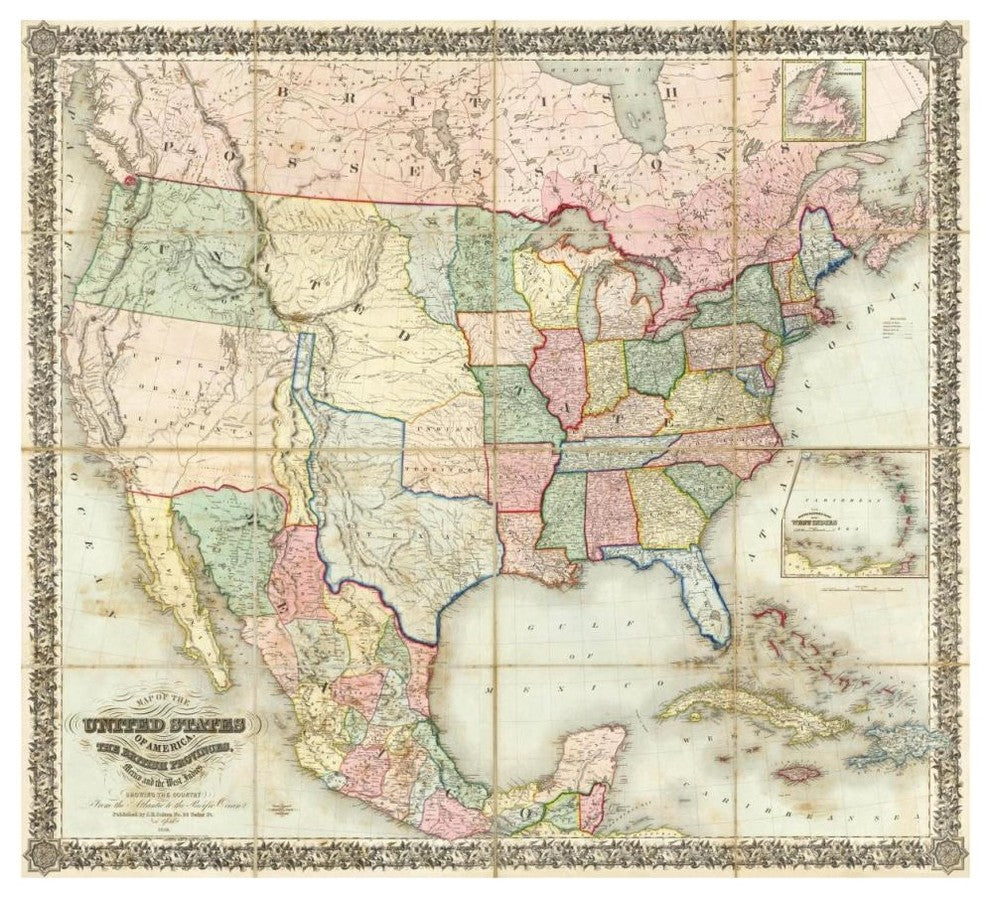 "Map of The United States of America, 1848" Print by J. H. Colton, 46"x42"