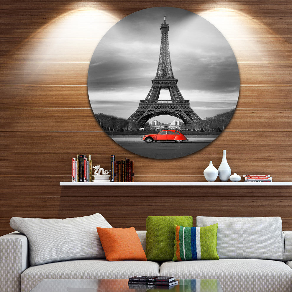 Eiffel And Old Red Car, Landscape Art Round Wall Art, 11"