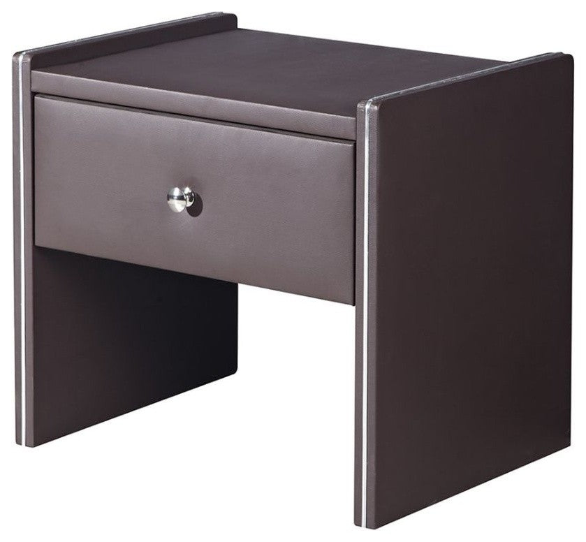 Leather Upholstered Wooden Nightstand with One Drawer, Brown