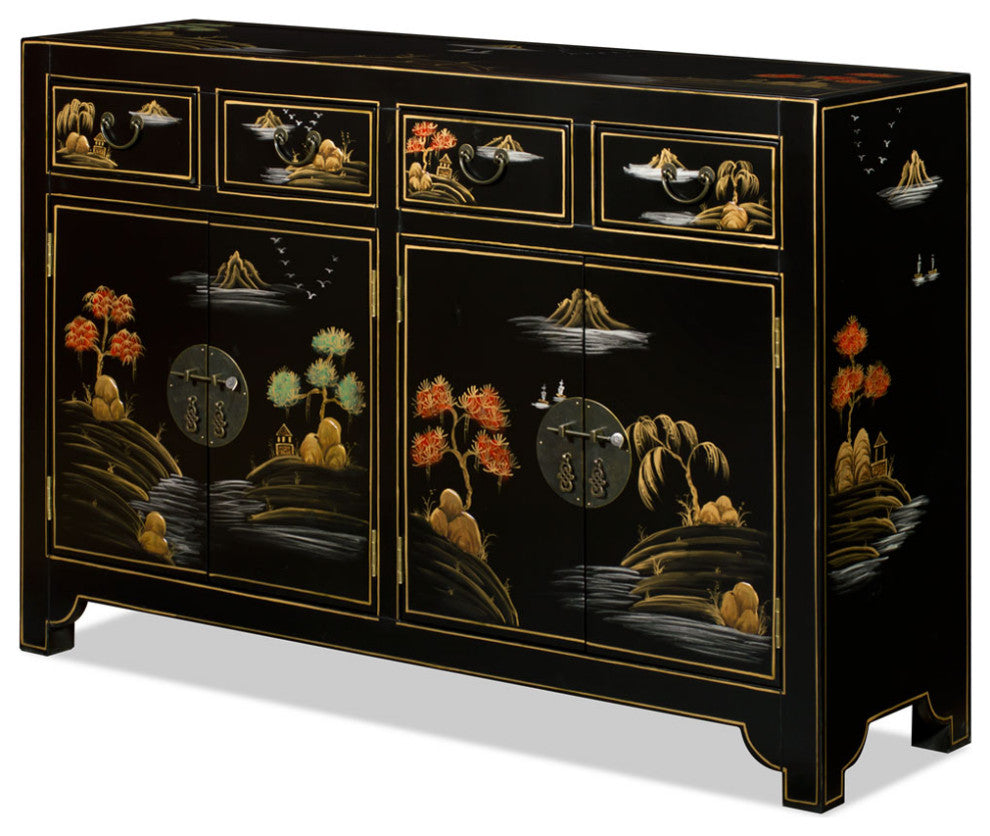 Black Lacquer Chinoiserie Scenery Motif Oriental Sideboard