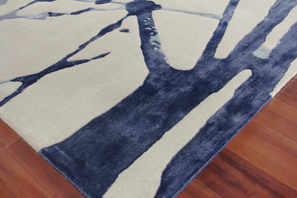 Space Age Hand-Knotted Wool and Bamboo Silk Gray/Royal Blue/Navy Rug