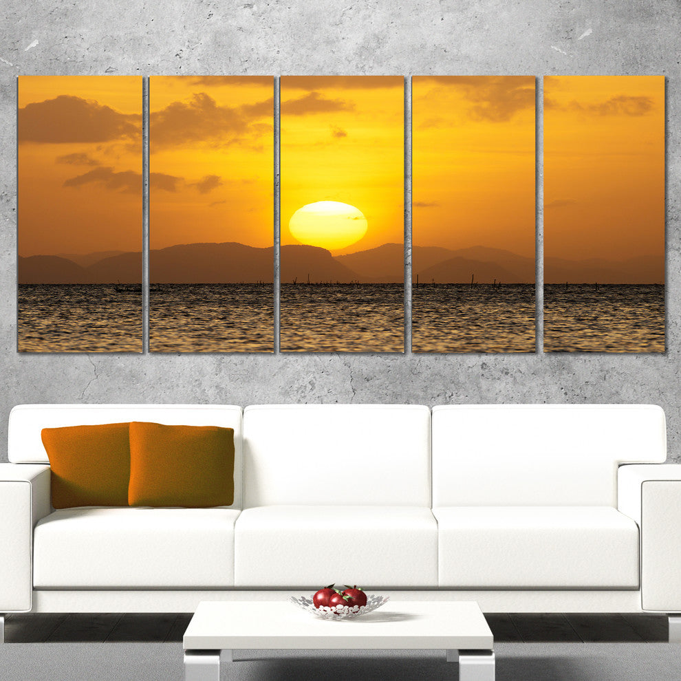 Yellow Sunset and Brown Ocean, Seashore Canvas Print, 60"x28", 5 Panels