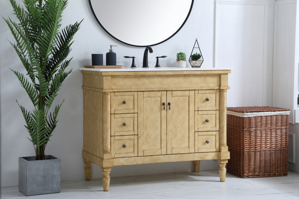 42" Single Bathroom Vanity, Antique Beige With Ivory White Engineered Marble