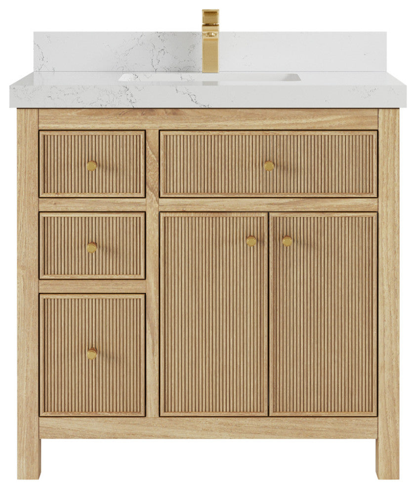 Sonoma 36 Center Sink Bath Vanity in Light Natural Teak with 2" Empira Quartz