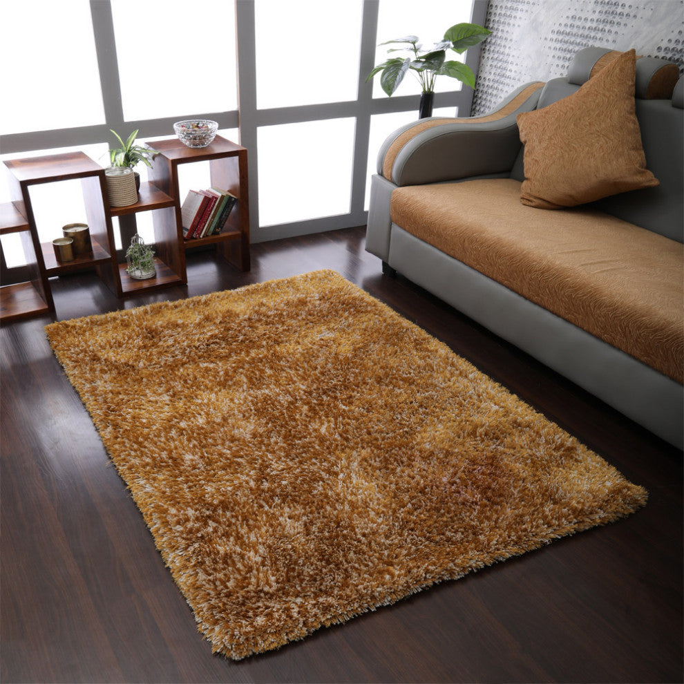 HAND TUFTED SHAG POLYESTER ECO-FRIENDLY AREA RUGS -  Gold  Color, Solid Design