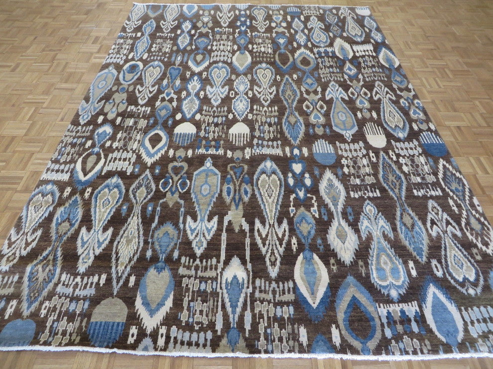 8x11 Handmade Chocolate Brown Ikat Peshawar Oriental Rug