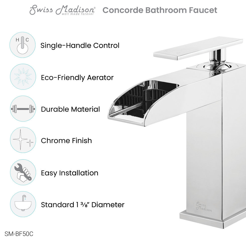 Concorde Single Hole, Waterfall Bathroom Faucet, Chrome