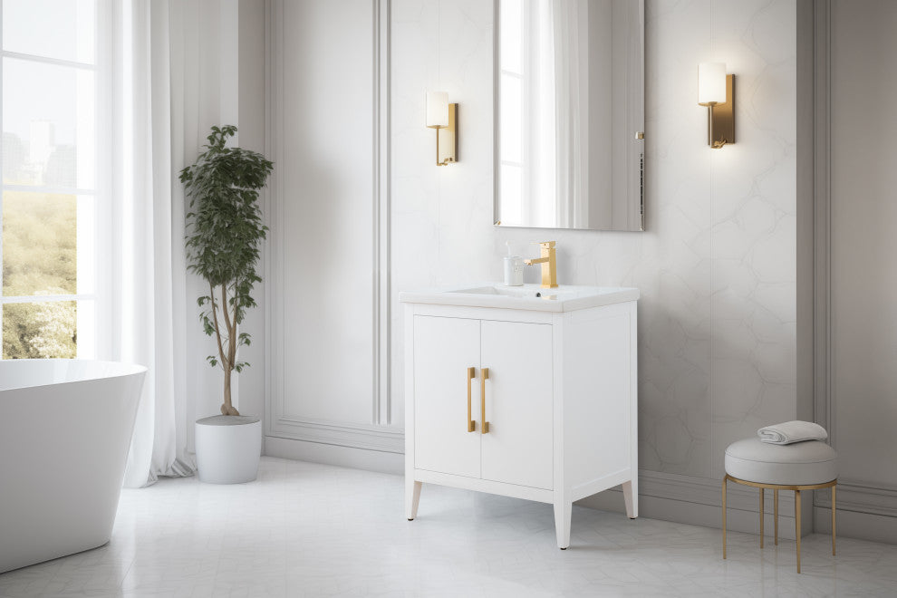 Vanity Art Bathroom Vanity With Sink, White, 30", Single Sink, Golden Brushed