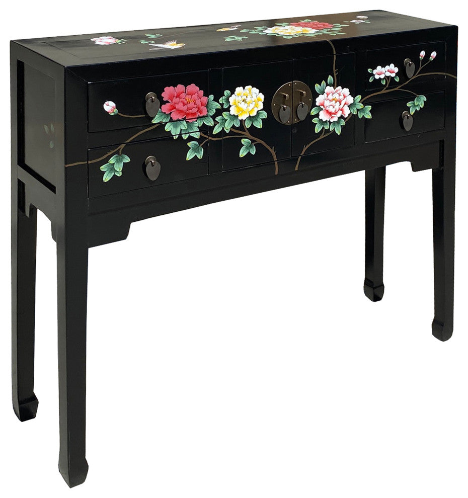 Black Lacquer Flower Graphic 4 Drawers Slim Narrow Foyer Side Table Hcs7347