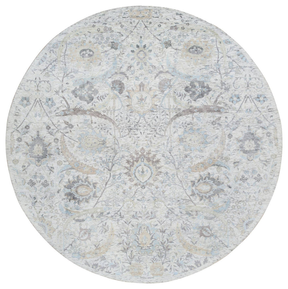 Ivory, Silk With Wool Hand Knotted, Sickle Leaf Design Round Rug, 9'9"x9'9"