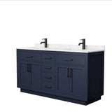 Beckett TK 66" Dark Blue Double Vanity, Cultured Top, Black Trim