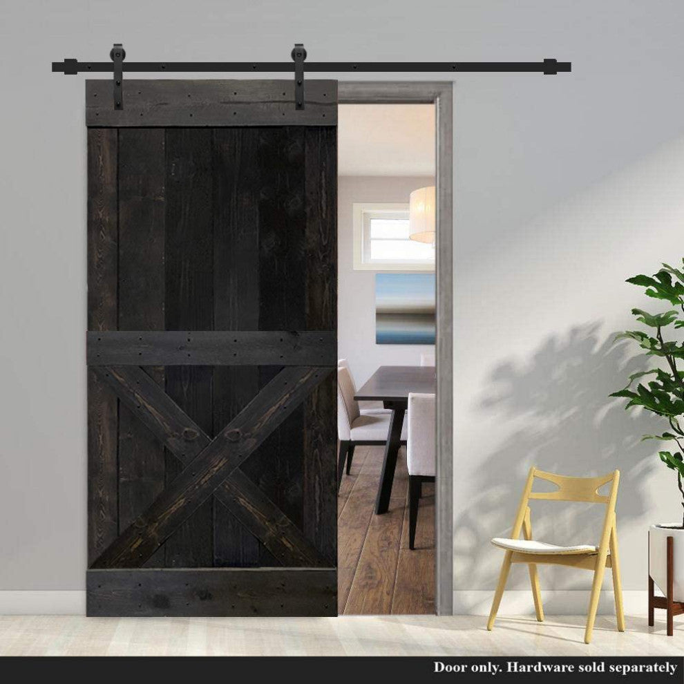 Stained Solid Pine Wood Sliding Barn Door, Charcoal Black, 42"x84", Mini X