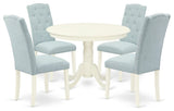5Pc Dining Set, Round Table, Four Parson Chairs, Baby Blue Fabric, Linen White