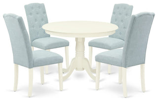 5Pc Dining Set, Round Table, Four Parson Chairs, Baby Blue Fabric, Linen White