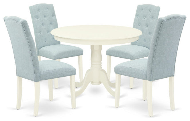 5Pc Dining Set, Round Table, Four Parson Chairs, Baby Blue Fabric, Linen White