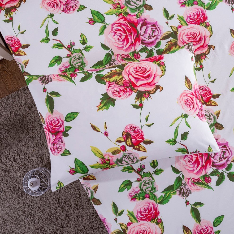 Romantic Roses Lovely Spring Pink Floral Colorful Fitted Sheet Pillow Cases Set
