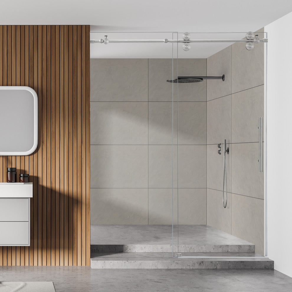 Lazaro Single Sliding Frameless Shower Door, Clear, Brushed Nickel, 60"wx78"h