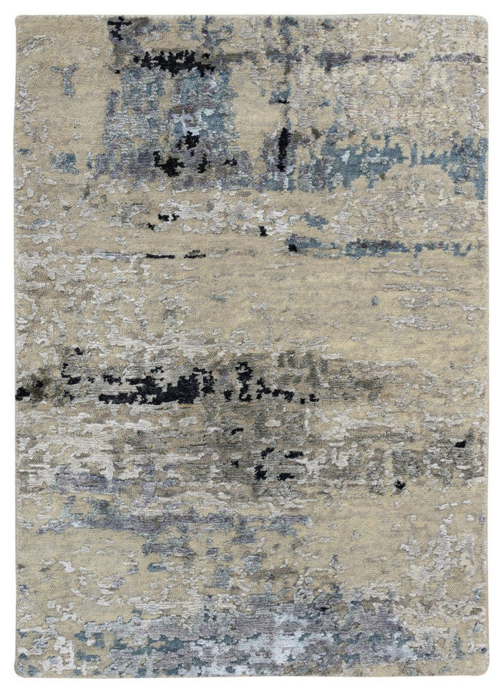 Gray, Modern Abstract Design Wool and Silk, Hand Knotted Mat Rug, 2'0" x 2'10"