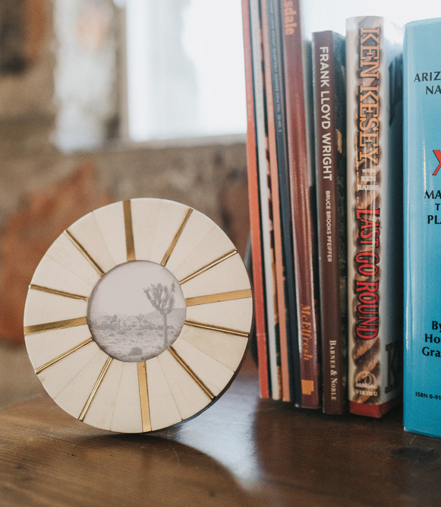 Mukhendu 3"x3" Round Picture Frame Carved Bone, Brass Accents