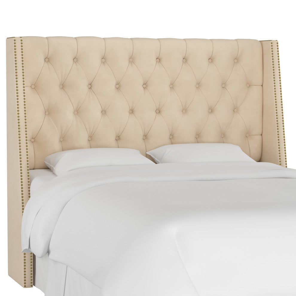 Williams Full Nail Button Wingback Headboard, Velvet Pearl