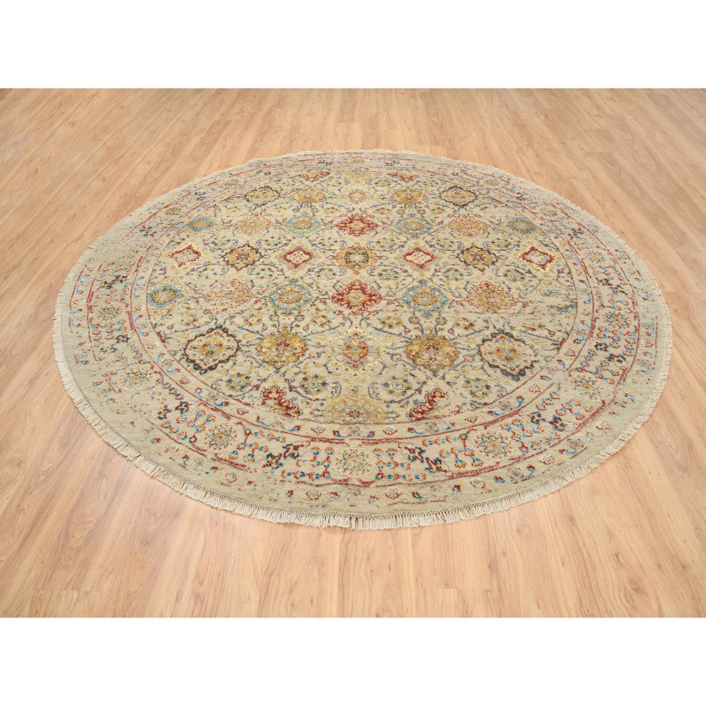 Beige, Wool and Pure Silk, Hand Knotted, Oriental, Round, Rug, 8'9" x 8'9"