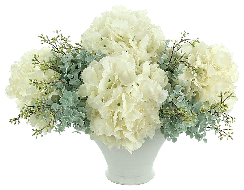 Hydrangea and Seeded Eucalyptus Floral Arrangement in Round Ceramic Vase