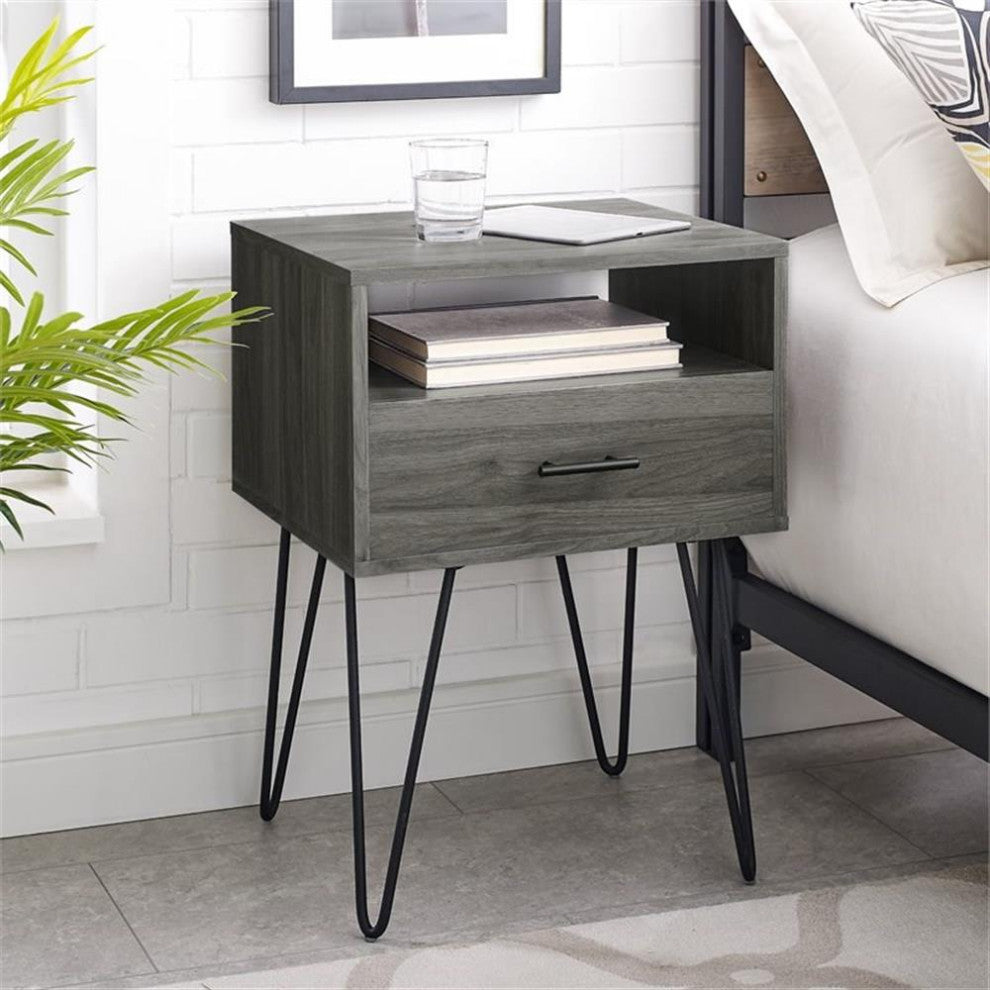Pemberly Row 18" Single Drawer Hairpin Leg Bedroom Nightstand in Slate Gray