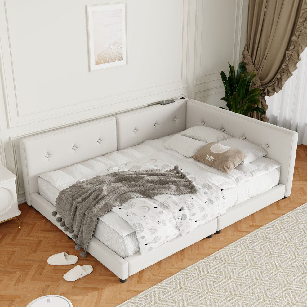Gewnee Upholstered Queen Size platform bed with USB Ports, Beige
