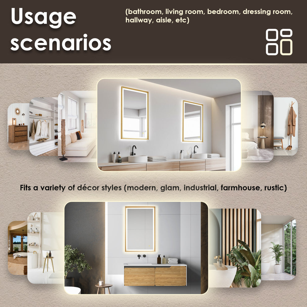 Apollo Anti-Fog Dimmable Vanity, LED Lighted Wall Mirror, Brushed Gold, 24"