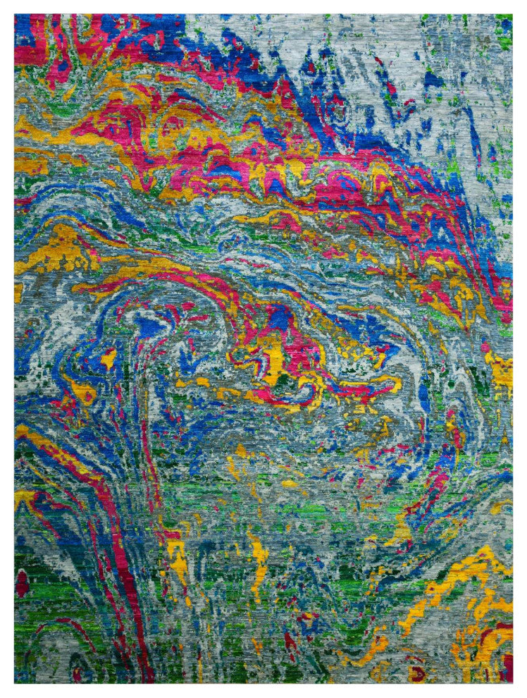 Gray Lava Design, Sari Silk With Wool Hand Knotted, Oriental Rug, 9'0"x11'9"