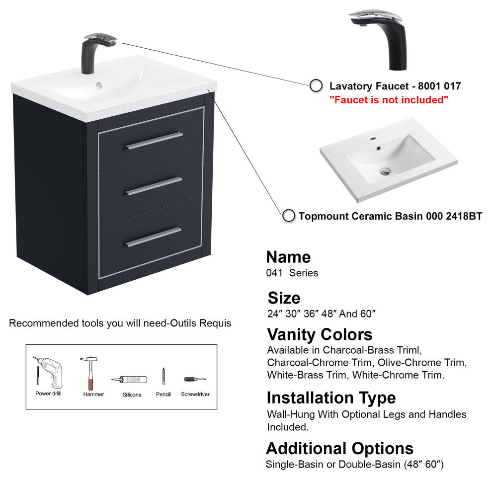Sherwood 24" Single Vanity Set, Charcoal, Chrome Trim, Floating Only