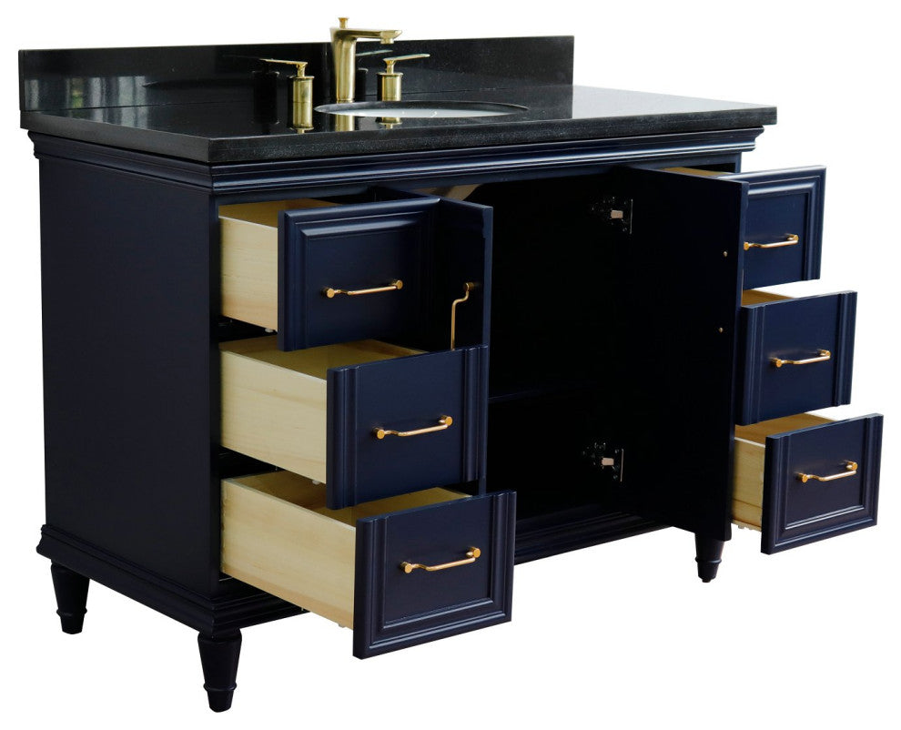 49" Single Sink Vanity, Blue Finish With Black Galaxy Granite And Oval Sink