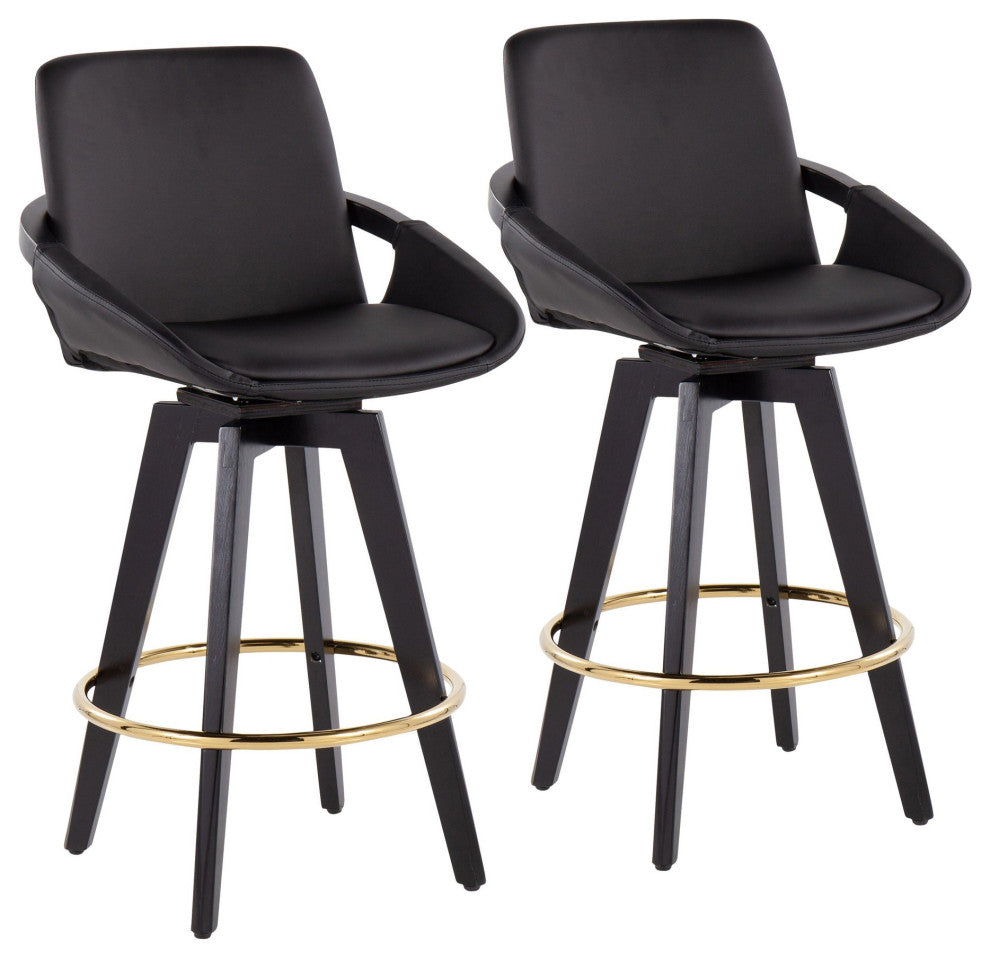 Cosmo Swivel Fixed-Height Counter Stool, Set of 2, Black/Gold/Black PU