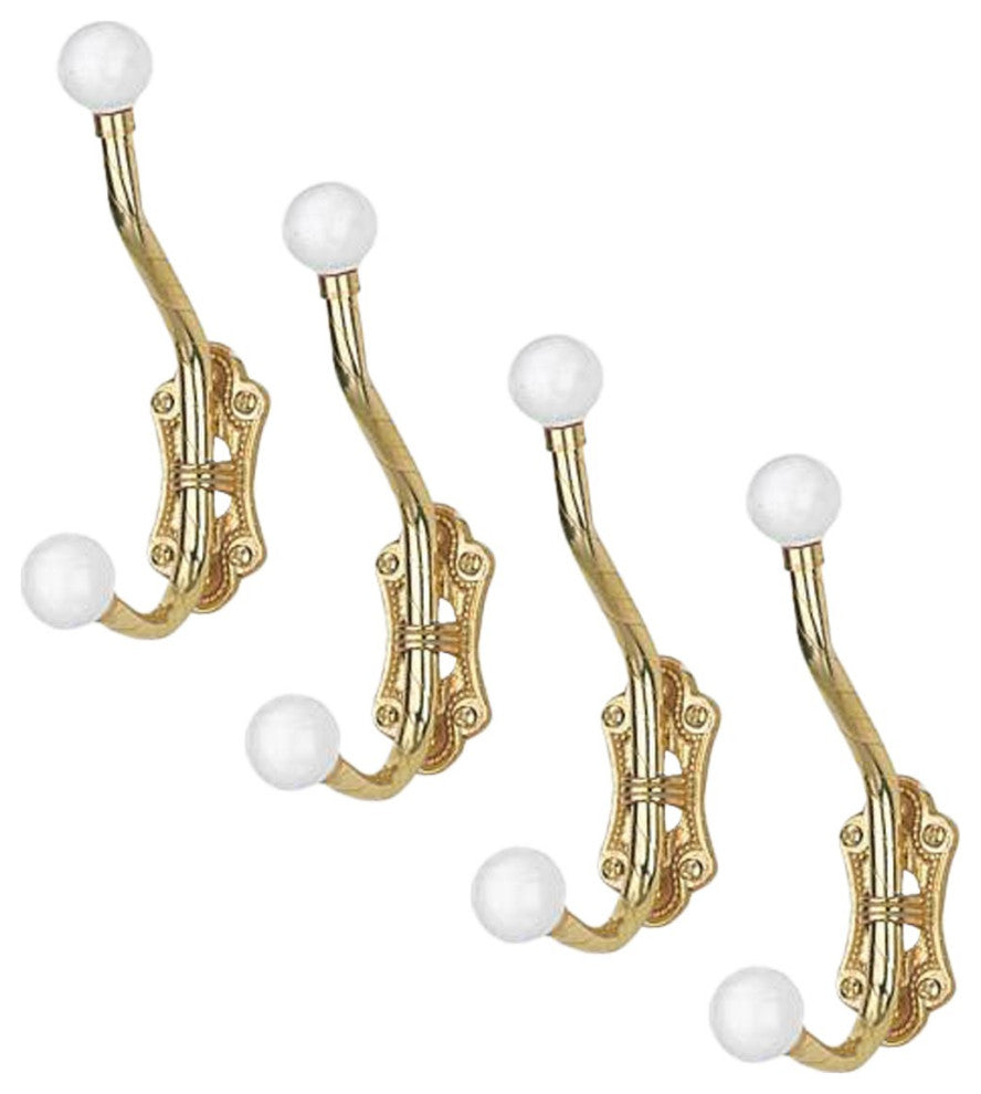 Double Coat Hook 6.25" L Brass Polished White Porcelain Ball Tip Style Pack of 4