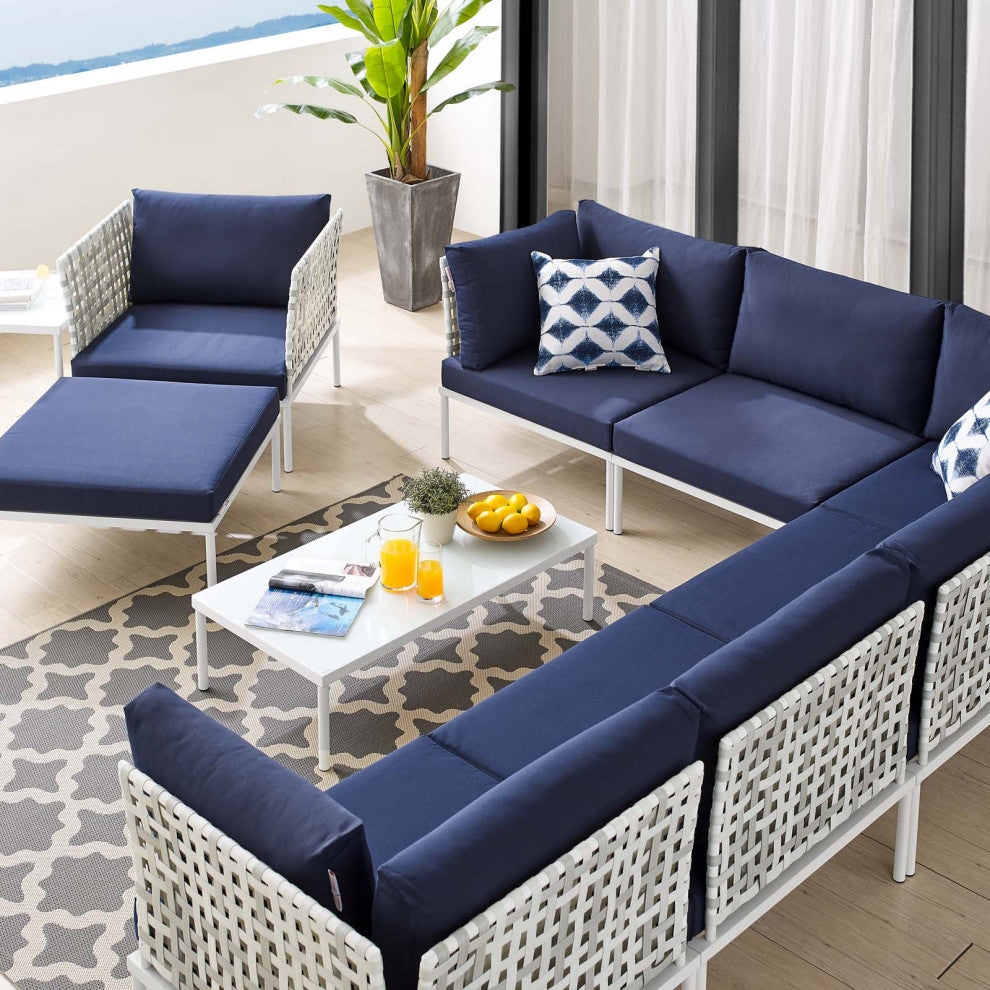 Lounge Sectional Sofa Chair Table Set, Sunbrella, Aluminum, Blue Navy, Outdoor