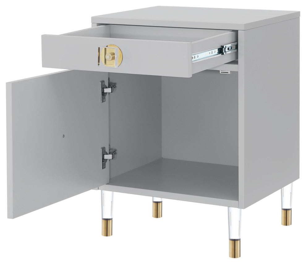 Nicole Miller Anatolio Nightstand High Gloss Acrylic Knob and Legs, Light Gray