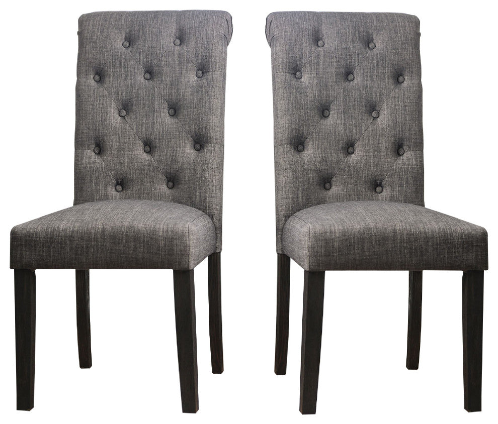 27 Inch Fabric Dining Chair, Button Tufted Rolled Back, Wood, Gray