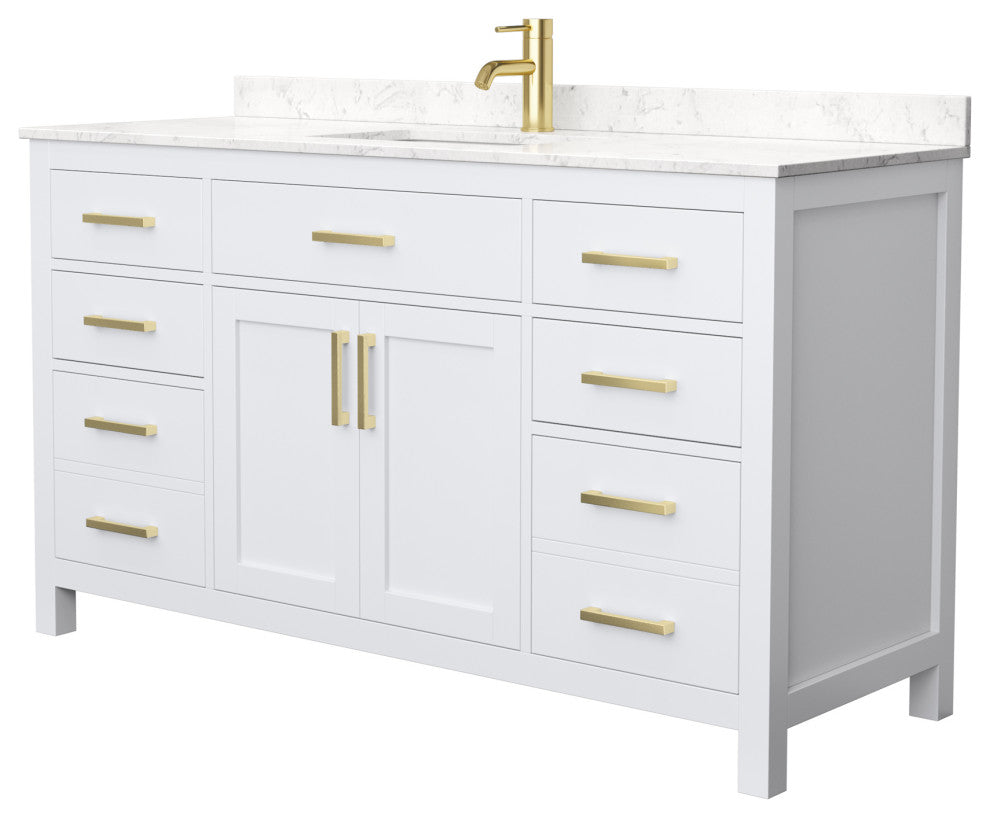 60" Single Bath Vanity White, Carrara Cult. Marble Countertop, Sink, Gold Trim