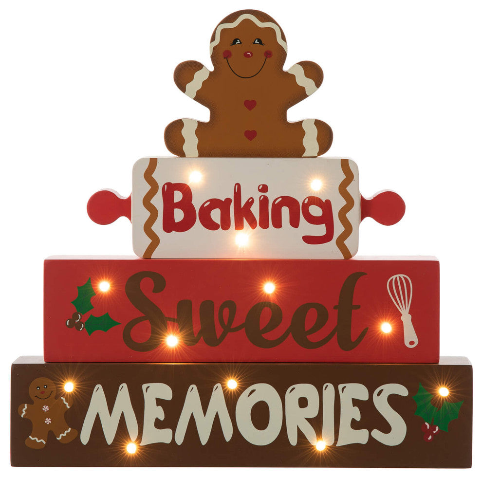 12"H Lighted Wooden Christmas Block Table Decor, Gingerbread Man