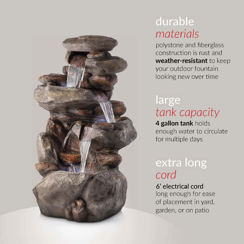 40" Tall Outdoor 4-Tier Rock Water Fountain with LED Lights