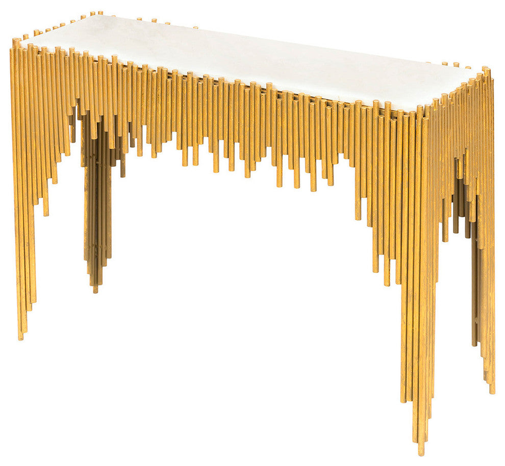 Waterfall Console Table, White Marble Entryway Table, Glam Luxe Gold
