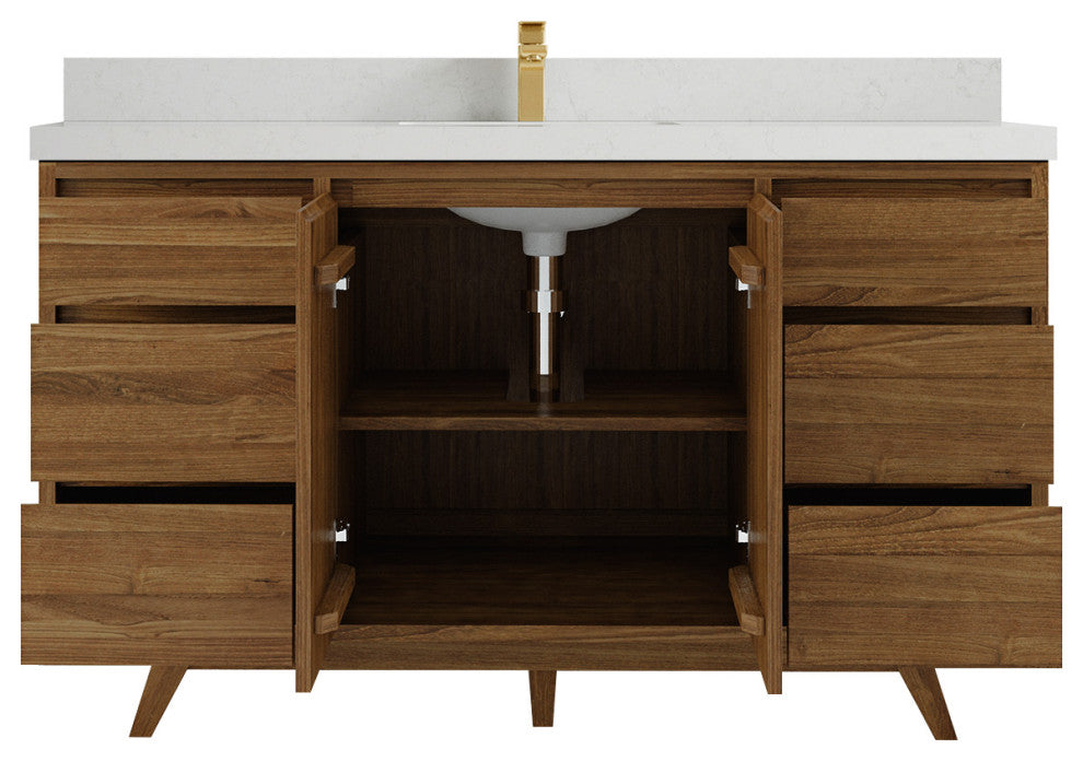 Madison Teak 60 Single Bathroom Vanity in Dark Natural 2" Carrara Quartz